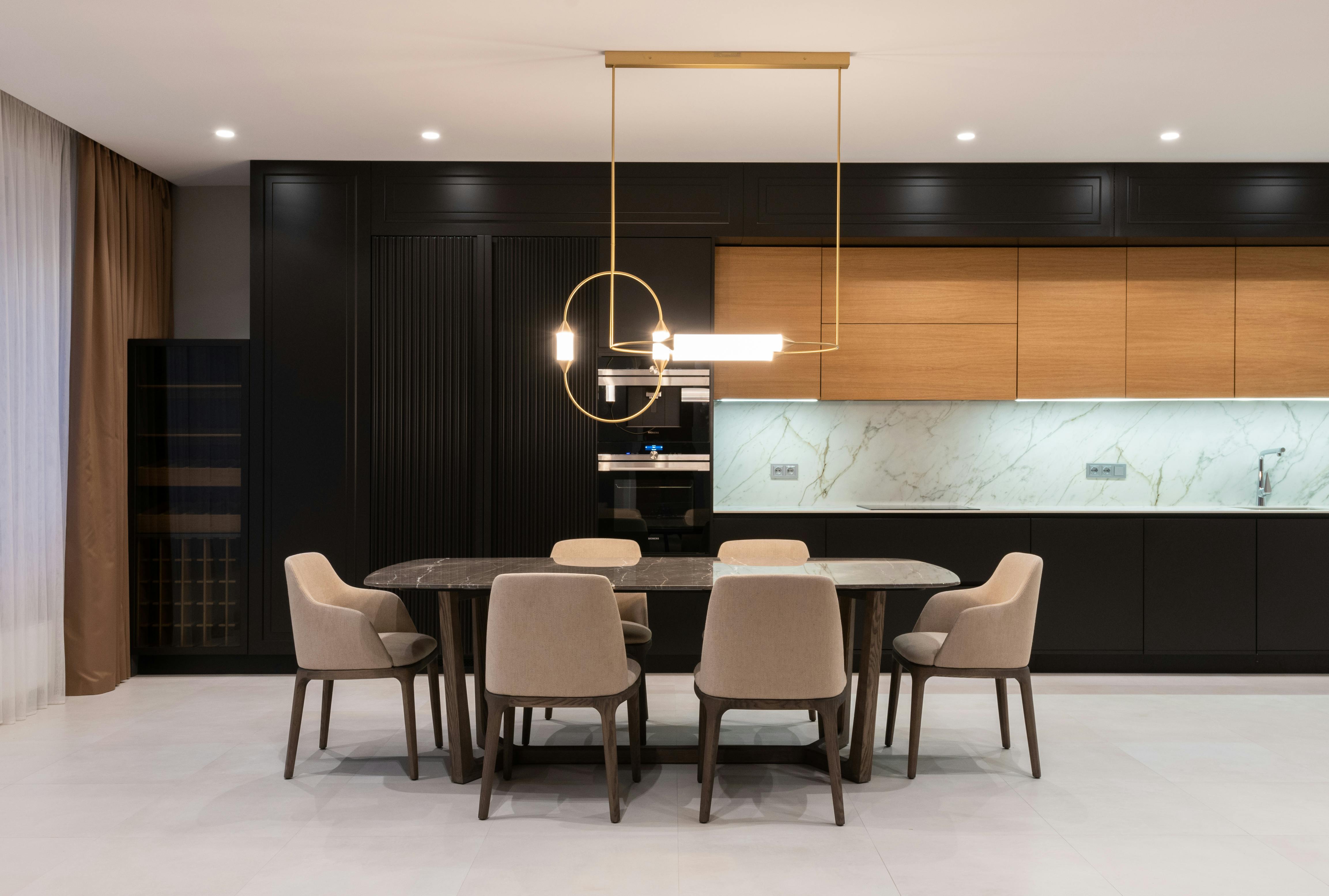 Modern dining room with soft lighting and tidy surfaces